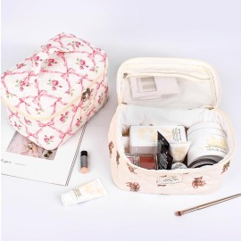 SXS LACONIC Quilted Makeup Bag,Large Cosmetics Bag Set,Cotton Coquette Floral Make up Pouch,Travel Toiletry Bag for Women
