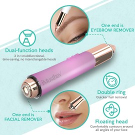 2-in-1 Portable Rechargeable Painless Eyebrow Trimmer & Facial Hair Remover, removes eyebrow, face, lips and body hair for women. 18K gold plated hypoallergenic heads, 360 LED light for Hair Remover