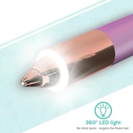 2-in-1 Portable Rechargeable Painless Eyebrow Trimmer & Facial Hair Remover, removes eyebrow, face, lips and body hair for women. 18K gold plated hypoallergenic heads, 360 LED light for Hair Remover