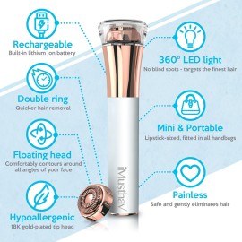 Professional Fast, Precise, Painless Facial Hair, Lips and Chin Remover for Women, USB Rechargeable Facial Epilator, 18K gold-plated hypoallergenic 13mm Dual ring floating head, 360 LED light