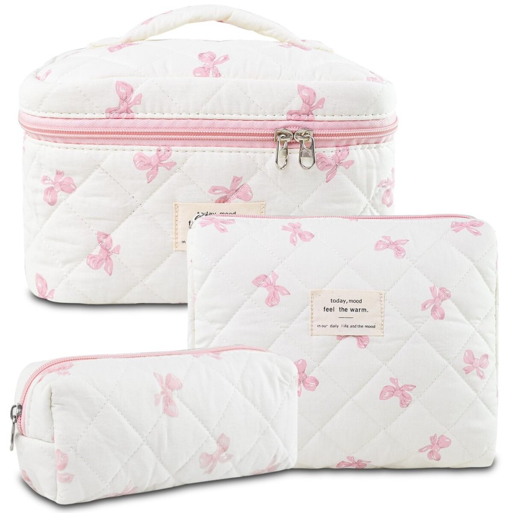 GISMTR 3Pcs Makeup Bag Cotton Quilted Travel Cosmetic Bag Cute Floral Makeup Pouch Large Toiletry Bag for Women Girls (Bow-Pink)