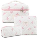 GISMTR 3Pcs Makeup Bag Cotton Quilted Travel Cosmetic Bag Cute Floral Makeup Pouch Large Toiletry Bag for Women Girls (Bow-Pink)