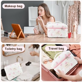 GISMTR 3Pcs Makeup Bag Cotton Quilted Travel Cosmetic Bag Cute Floral Makeup Pouch Large Toiletry Bag for Women Girls (Bow-Pink)