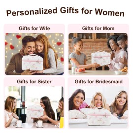 GISMTR 3Pcs Makeup Bag Cotton Quilted Travel Cosmetic Bag Cute Floral Makeup Pouch Large Toiletry Bag for Women Girls (Bow-Pink)