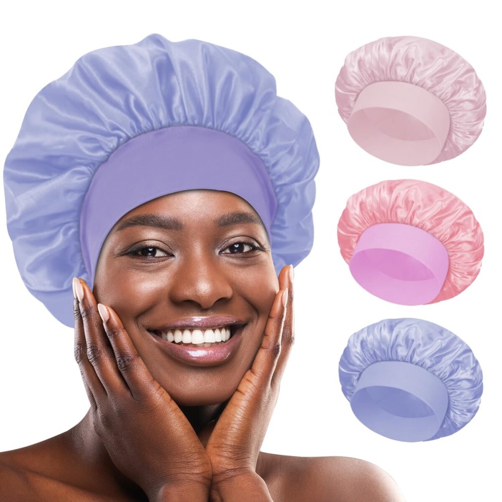 my novel things 3Pcs Satin Bonnet Silky Bonnet for Sleeping Women Adjustable Hair Bonnet Silky Sleep Cap for Women Natural & Curly Hair, Soft BreathableLight Pink/Light Purple/Pink