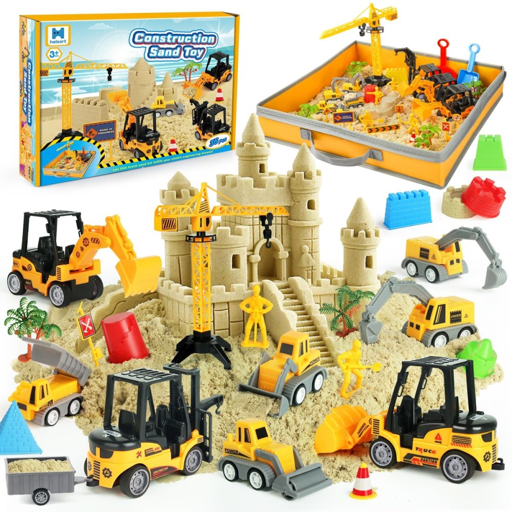 Sand Construction Site Kit - 37 Pcs Play Sand Art Kit with 8 Construction Trucks, Folding Sandbox, 2.2 lbs Magic Sand, Crane, Worker, Road Signs, Molds, Shovel - Ideal Toys for Boys Girls Age 3+