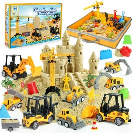 Sand Construction Site Kit - 37 Pcs Play Sand Art Kit with 8 Construction Trucks, Folding Sandbox, 2.2 lbs Magic Sand, Crane, Worker, Road Signs, Molds, Shovel - Ideal Toys for Boys Girls Age 3+