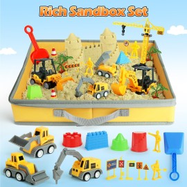 Sand Construction Site Kit - 37 Pcs Play Sand Art Kit with 8 Construction Trucks, Folding Sandbox, 2.2 lbs Magic Sand, Crane, Worker, Road Signs, Molds, Shovel - Ideal Toys for Boys Girls Age 3+