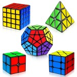 AuntyFey 5 Pack Magic Speed Cube Set - 2x2, 3x3, 4x4, Triangle Megaminx Speed Cubes for Kids & Adults