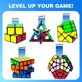 AuntyFey 5 Pack Magic Speed Cube Set - 2x2, 3x3, 4x4, Triangle Megaminx Speed Cubes for Kids & Adults