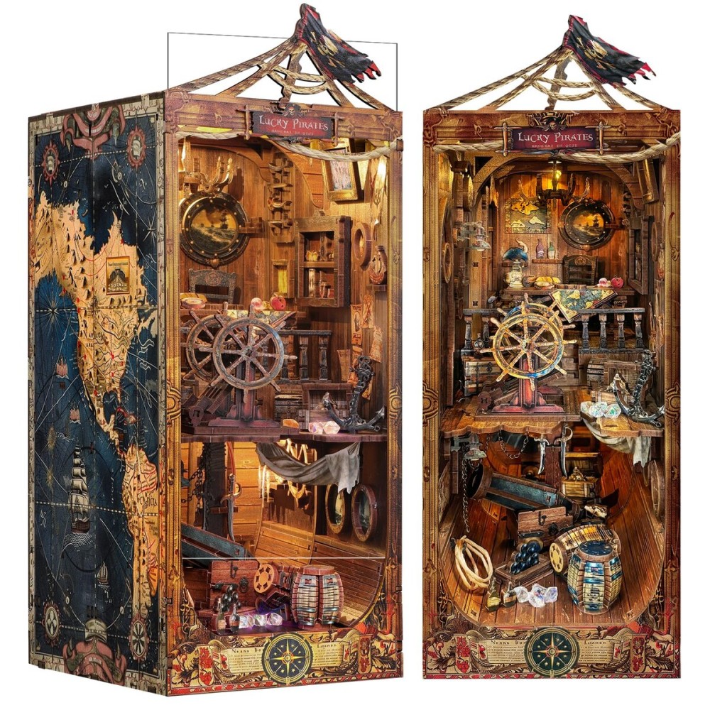 RONSTONE DIY Book Nook Kit - Pirate 3D Wooden Miniature Puzzles with LED Light Dollhouse Model Craft Kits for Adults Bookshelf Insert Decor - Halloween Christmas Birthday Gifts for Adults