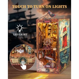 RONSTONE DIY Book Nook Kit - Pirate 3D Wooden Miniature Puzzles with LED Light Dollhouse Model Craft Kits for Adults Bookshelf Insert Decor - Halloween Christmas Birthday Gifts for Adults