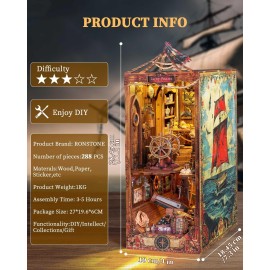 RONSTONE DIY Book Nook Kit - Pirate 3D Wooden Miniature Puzzles with LED Light Dollhouse Model Craft Kits for Adults Bookshelf Insert Decor - Halloween Christmas Birthday Gifts for Adults