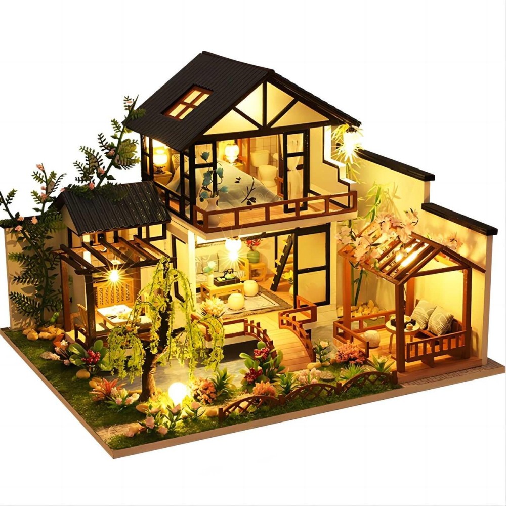 OZJAY DIY Miniature House Kit, Tiny House Kit with LED & Music Movement, DIY Wooden Dollhouse Miniature Kit for Adults Teen, Wooden Crafts Lovely Dollhouse Kit(Bamboo Stream Garden)