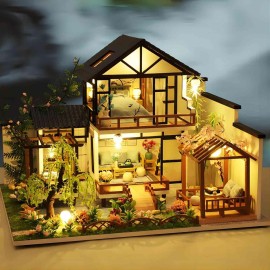OZJAY DIY Miniature House Kit, Tiny House Kit with LED & Music Movement, DIY Wooden Dollhouse Miniature Kit for Adults Teen, Wooden Crafts Lovely Dollhouse Kit(Bamboo Stream Garden)