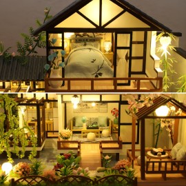 OZJAY DIY Miniature House Kit, Tiny House Kit with LED & Music Movement, DIY Wooden Dollhouse Miniature Kit for Adults Teen, Wooden Crafts Lovely Dollhouse Kit(Bamboo Stream Garden)