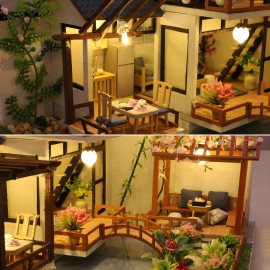 OZJAY DIY Miniature House Kit, Tiny House Kit with LED & Music Movement, DIY Wooden Dollhouse Miniature Kit for Adults Teen, Wooden Crafts Lovely Dollhouse Kit(Bamboo Stream Garden)