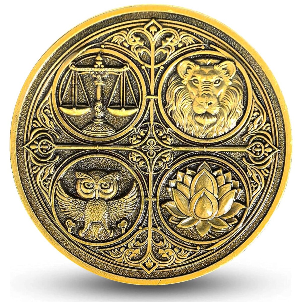 The Cardinal Virtues Stoic Coin with Symbols of Justice, Courage, Wisdom, and Temperance (Single Coin)