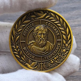 The Cardinal Virtues Stoic Coin with Symbols of Justice, Courage, Wisdom, and Temperance (Single Coin)