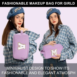 YOOLIFE Monogram Makeup Bag - Personalized Gifts for Women Teenage Girls Purple Corduroy Cotton Cute Cosmetic Bag Make Up Bag Thank You Gifts Wedding Bridesmaid Gifts Teacher Gifts for Women Letter C