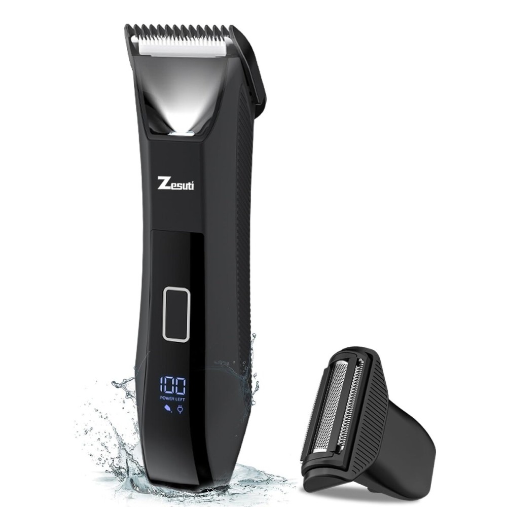 Zesuti 2-in-1 Manscape Trimmer for Men,Body & Groin Hair Trimmers for Men,Bikini Trimmer Women- Wet/Dry Electric Razors for Smooth No-Nick Shaving,IPX7 Waterproof Ball Shaver,LED Display,Black