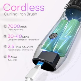 Cordless Curling Iron Brush, 2024 New Portable Travel Mini for Women, 7000Mah USB Rechargeable Wand With Negative Ion, Black