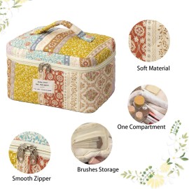 AMULOKRU Quilted Makeup Bag Large Capacity Cute Cosmetic Bags for Women Floral Coquette Aesthetic Patchwork Travel Toiletry Make Up Organizer Bag