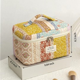 AMULOKRU Quilted Makeup Bag Large Capacity Cute Cosmetic Bags for Women Floral Coquette Aesthetic Patchwork Travel Toiletry Make Up Organizer Bag