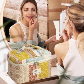 AMULOKRU Quilted Makeup Bag Large Capacity Cute Cosmetic Bags for Women Floral Coquette Aesthetic Patchwork Travel Toiletry Make Up Organizer Bag