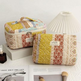 AMULOKRU Quilted Makeup Bag Large Capacity Cute Cosmetic Bags for Women Floral Coquette Aesthetic Patchwork Travel Toiletry Make Up Organizer Bag