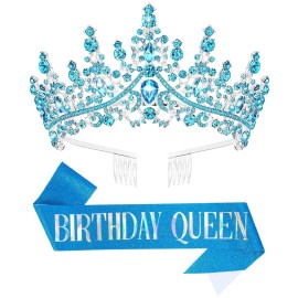 Papoopy Birthday Tiara Crown with Sash for Women, Headband Hair Accessories for Wedding Party Costume (A-Blue)