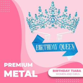 Papoopy Birthday Tiara Crown with Sash for Women, Headband Hair Accessories for Wedding Party Costume (A-Blue) Papoopy Birthday Tiara Crown with Sash for Women, Headband Hair Accessories for Wedding Party Costume (A-Blue)