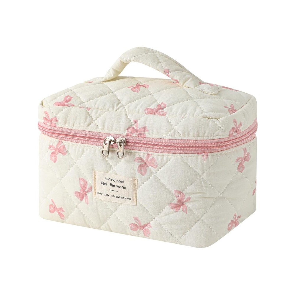 uekeboag Large Travel Quilted Makeup Bag for Women, Floral Cotton Cosmetic Bag, Coquette Aesthetic Floral Toiletry Organizer Bag(08Little Pink Bow