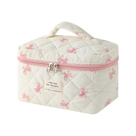 uekeboag Large Travel Quilted Makeup Bag for Women, Floral Cotton Cosmetic Bag, Coquette Aesthetic Floral Toiletry Organizer Bag(08Little Pink Bow