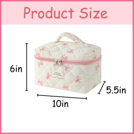 uekeboag Large Travel Quilted Makeup Bag for Women, Floral Cotton Cosmetic Bag, Coquette Aesthetic Floral Toiletry Organizer Bag(08Little Pink Bow