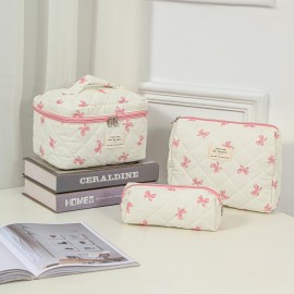 uekeboag Large Travel Quilted Makeup Bag for Women, Floral Cotton Cosmetic Bag, Coquette Aesthetic Floral Toiletry Organizer Bag(08Little Pink Bow