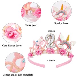 SuPoo 2nd Birthday Headband - Flower Crown for Girls Princess Tiara - Cute 2 Year Old Birthday Party Decorations Accessory