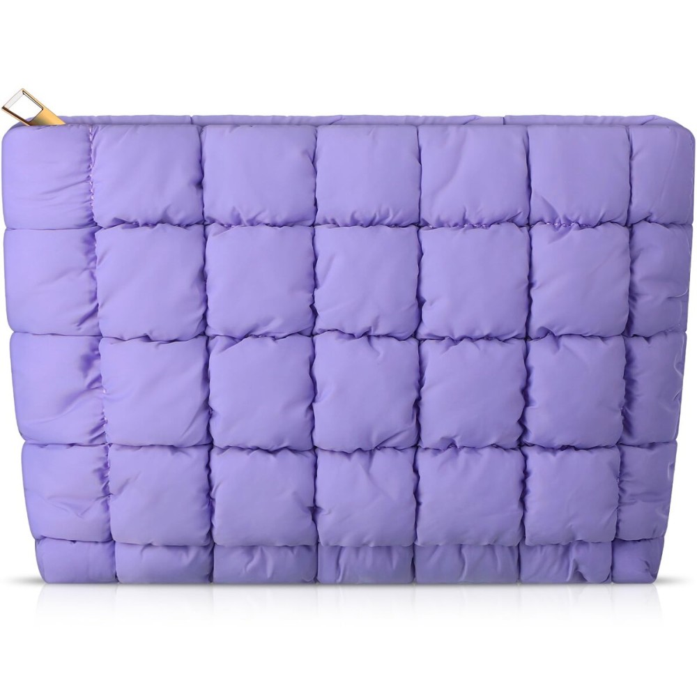 Hillban Puffy Quilted Makeup Bag Quilted Cosmetic Bag Cute Puffer Toiletry Checkered Pouch Aesthetic Travel Makeup Brushes Organizer(Purple,Classic)