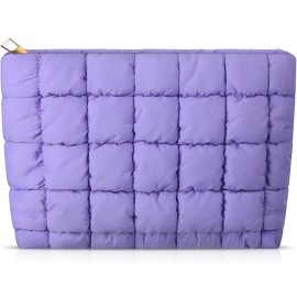 Hillban Puffy Quilted Makeup Bag Quilted Cosmetic Bag Cute Puffer Toiletry Checkered Pouch Aesthetic Travel Makeup Brushes Organizer(Purple,Classic)