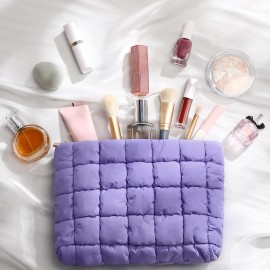 Hillban Puffy Quilted Makeup Bag Quilted Cosmetic Bag Cute Puffer Toiletry Checkered Pouch Aesthetic Travel Makeup Brushes Organizer(Purple,Classic)