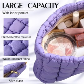Hillban Puffy Quilted Makeup Bag Quilted Cosmetic Bag Cute Puffer Toiletry Checkered Pouch Aesthetic Travel Makeup Brushes Organizer(Purple,Classic)
