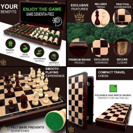 Magnetic Wooden Chess Board Game Set - 15 Inches Chess Sets for Adults and Kids, Foldable Chess Board Game, Handmade Portable Travel Chess Game, Chess Set for Begginers and Pros (Walnut Color)
