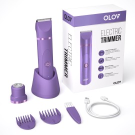 OLOV Electric Body Hair Trimmer - Groin Trimmer for Men - Bikini Trimmer Women - Wet/Dry Shaver Groomer, Replaceable Ceramic Blade Heads, USB Recharge Dock, Waterproof Hygiene Razor, Bright Purple