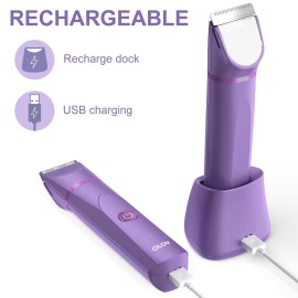 OLOV Electric Body Hair Trimmer - Groin Trimmer for Men - Bikini Trimmer Women - Wet/Dry Shaver Groomer, Replaceable Ceramic Blade Heads, USB Recharge Dock, Waterproof Hygiene Razor, Bright Purple