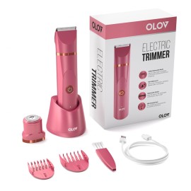 OLOV Electric Body Hair Trimmer - Groin Trimmer for Men - Bikini Trimmer Women - Wet/Dry Shaver Groomer, Replaceable Ceramic Blade Heads, USB Recharge Dock, Waterproof Hygiene Razor, Red