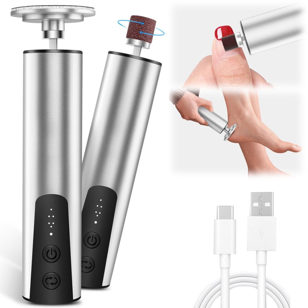 Electric Foot Callus Remover (6 Speed Adjustable), 2 in 1 Electric Foot File Nail Grinder, Rechargeable Foot Sander Pedicure Tools for Feet Dead Skin with Sandpaper Disk and Nail Drill Bits, Silver