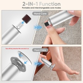 Electric Foot Callus Remover (6 Speed Adjustable), 2 in 1 Electric Foot File Nail Grinder, Rechargeable Foot Sander Pedicure Tools for Feet Dead Skin with Sandpaper Disk and Nail Drill Bits, Silver