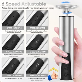 Electric Foot Callus Remover (6 Speed Adjustable), 2 in 1 Electric Foot File Nail Grinder, Rechargeable Foot Sander Pedicure Tools for Feet Dead Skin with Sandpaper Disk and Nail Drill Bits, Silver