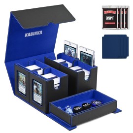 Card Deck Box for MTG with Commander Display, 5 in 1 Card Storage Box Fits 400+ Double-sleeved Cards, Removable Deck Case for TCG/Sports Cards with Dice Tray, 4 Magnetic Card Holders (Black Blue)