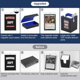 Card Deck Box for MTG with Commander Display, 5 in 1 Card Storage Box Fits 400+ Double-sleeved Cards, Removable Deck Case for TCG/Sports Cards with Dice Tray, 4 Magnetic Card Holders (Black Blue)